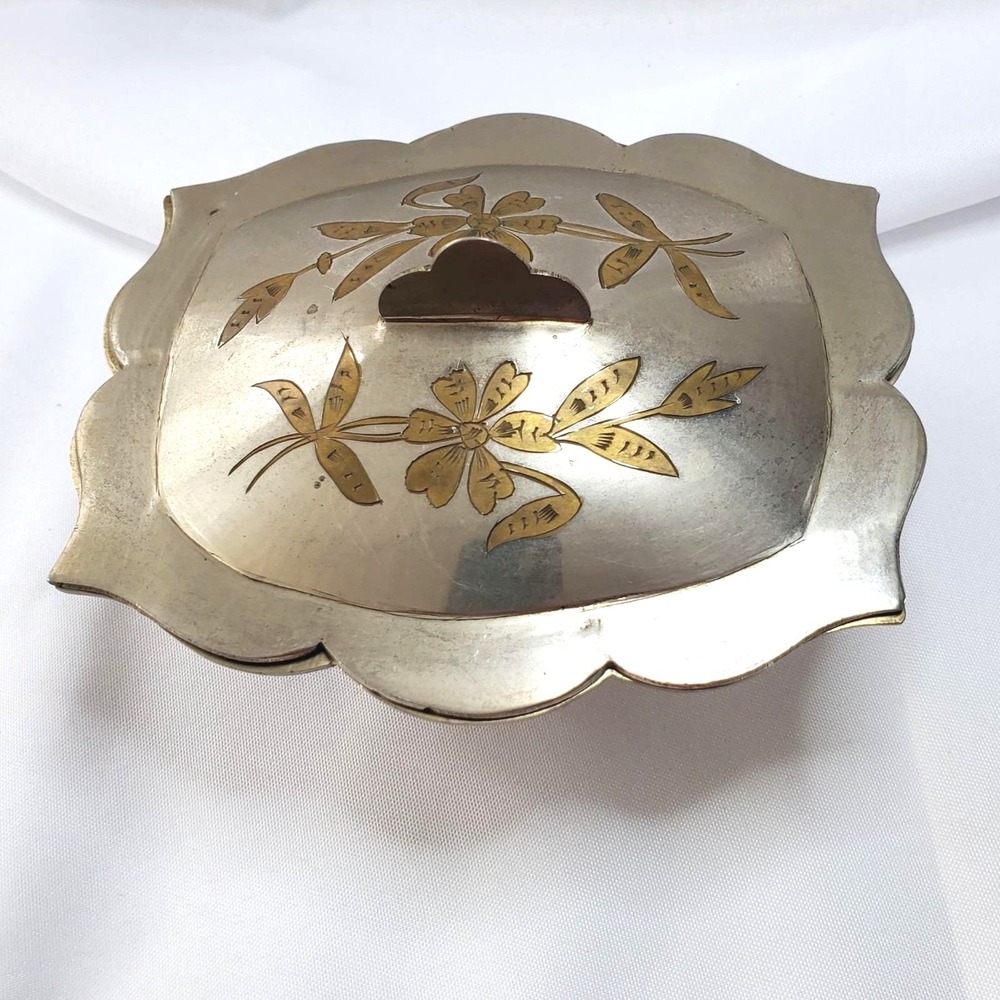 Vintage Silver with Brass Inlay Jewelry Trinket Box Floral Design Made in India